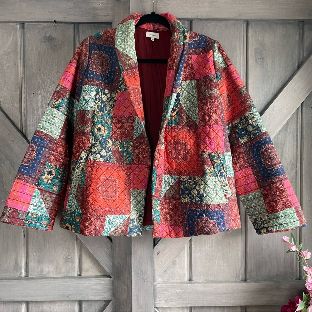 Anthropologie Patchwork Quilted Jacket in Red, Pink, Green, Blue